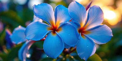 The primary subject of the image is a beautiful blue flower with yellow and orange accents. The flower is situated in a garden setting, surrounded by greenery. The visual style of the image is a photo, capturing the vibrant colors and details of the flower. The dominant colors in the image are blue, yellow, and orange, creating a lively and cheerful atmosphere.
