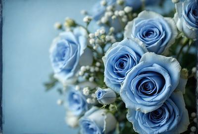 The primary subject of the image is a bouquet of blue flowers, which are the main focus of the scene. The flowers are arranged in a vase, and they are placed against a blue background. The visual style of the image is a close-up of the flowers, showcasing their beauty and details. The dominant colors in the image are blue and white, creating a calm and serene atmosphere.