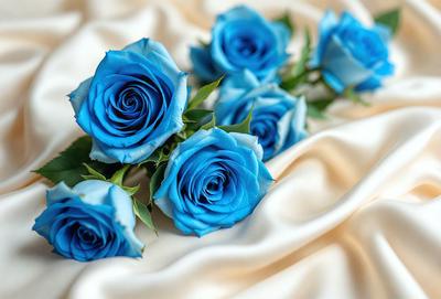 The primary subject of the image is a bouquet of blue roses. The setting is a white sheet or tablecloth, which serves as the background. The visual style is a close-up of the blue roses, showcasing their beauty. The colors and mood of the image are predominantly blue, creating a serene and calming atmosphere.