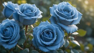 The primary subject of the image is a group of blue flowers, likely roses, with drops of water on them. The flowers are placed in a garden setting, surrounded by greenery. The visual style of the image is a close-up of the flowers, showcasing their beauty and details. The colors and mood of the image are predominantly blue, creating a serene and calming atmosphere.