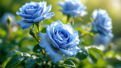 The primary subject of the image is a bouquet of blue flowers, which are the main focus of the scene. The flowers are set against a backdrop of green leaves, creating a vibrant and lively atmosphere. The visual style of the image is a photo, capturing the beauty of the flowers in their natural environment. The dominant colors in the image are blue and green, with the blue flowers standing out against the green leaves.