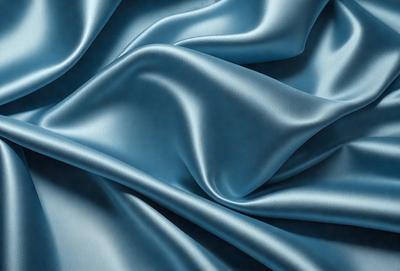 The primary subject of the image is a blue fabric, possibly silk, with a smooth and shiny texture. The setting is a room with a blue background, which complements the blue fabric. The visual style is a close-up of the fabric, showcasing its details and texture. The colors and mood of the image are predominantly blue, creating a calm and serene atmosphere.