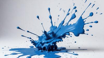 The primary subject of the image is a blue splash of paint, which appears to be a blob of blue paint on a white surface. The setting is a white background, and the visual style is a close-up of the blue splash. The colors and mood of the image are predominantly blue, creating a sense of calmness and tranquility.