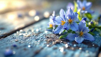 The primary subject of the image is a bouquet of blue flowers, which are the main focus of the scene. The flowers are placed on a wooden surface, possibly a table or a fence. The setting appears to be outdoors, with the flowers sitting on a wooden plank. The visual style of the image is a photo, capturing the beauty of the flowers in their natural environment. The dominant colors in the image are blue and yellow, creating a serene and calming atmosphere.