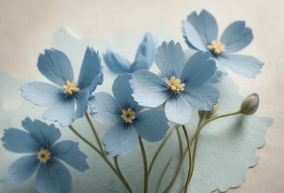 The primary subject of the image is a bouquet of blue flowers, which are the main focus of the scene. The flowers are arranged on a blue surface, which could be a table or a piece of paper. The visual style of the image is a close-up of the flowers, showcasing their details and colors. The dominant colors in the image are blue and white, creating a calm and serene atmosphere.