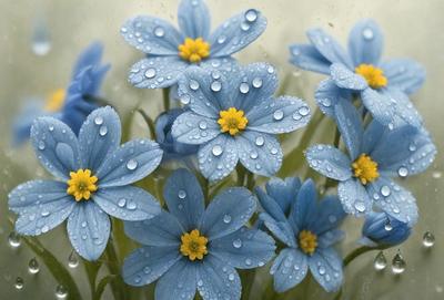 The primary subject of the image is a bouquet of blue flowers with yellow centers. The flowers are arranged in a vase, and they are surrounded by water droplets, giving the scene a fresh and lively appearance. The setting is a close-up of the flowers, and the visual style is a realistic representation of the flowers in a vase. The colors and mood of the image are predominantly blue and yellow, creating a sense of tranquility and beauty.