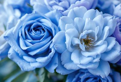 The primary subject of the image is a bouquet of blue flowers, which are the main focus of the scene. The flowers are arranged in a vase, creating a visually appealing display. The setting is a garden, with the flowers placed in a flower bed. The visual style of the image is a photo, capturing the beauty of the blue flowers in their natural environment. The colors and mood of the image are predominantly blue, creating a serene and calming atmosphere.