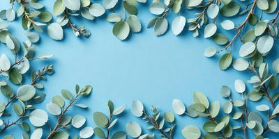 The primary subject of the image is a close-up of a leafy plant with green leaves. The setting is a blue background, which creates a contrast with the green leaves. The visual style is a photo, capturing the details of the plant. The colors and mood of the image are predominantly green, with a calm and natural atmosphere.
