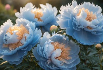 The primary subject of the image is a group of blue flowers with yellow centers. These flowers are arranged in a visually appealing manner, creating a sense of harmony and beauty. The setting is a garden, with the flowers blooming in a field. The visual style of the image is a close-up of the flowers, showcasing their intricate details and vibrant colors. The dominant colors in the image are blue and yellow, which evoke a sense of tranquility and warmth.