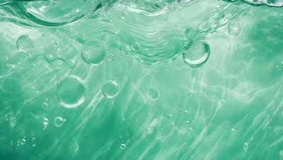 The primary subject of the image is a close-up of a green, bubbly water surface. The setting is underwater, with the water appearing to be a mix of green and blue. The visual style is a close-up of the water, showcasing the bubbles and the colorful water. The colors and mood of the image are vibrant and lively, with the green and blue hues creating a sense of depth and movement in the water.