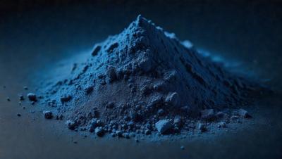 The primary subject of the image is a blue substance, possibly a powder or a rock, with a mountain-like shape. The setting is a dark blue surface, which contrasts with the blue substance. The visual style appears to be a close-up of the blue substance, possibly a photo or a digital artwork. The colors and mood of the image are predominantly dark blue, creating a moody and mysterious atmosphere.