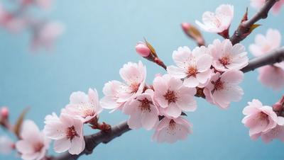 The primary subject of the image is a tree filled with pink flowers. The tree is located in a blue sky, creating a serene and peaceful atmosphere. The visual style of the image is a photo, capturing the beauty of the tree and its flowers in their natural environment. The colors and mood of the image are predominantly pink, which adds a sense of warmth and happiness to the scene.