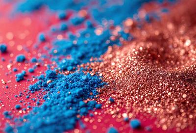 The primary subject of the image is a close-up of a blue and orange glittery substance, likely a powder or a paint, spread across a red surface. The setting appears to be a table or a similar flat surface. The visual style of the image is a close-up, which emphasizes the glittery texture of the substance. The dominant colors in the image are blue and orange, creating a vibrant and eye-catching appearance.