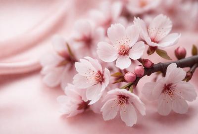 The primary subject of the image is a close-up of a branch with pink flowers on it. The setting is a pink background, which adds to the overall mood of the image. The visual style is a photo, capturing the beauty of the flowers in detail. The colors and mood of the image are predominantly pink, creating a warm and inviting atmosphere.