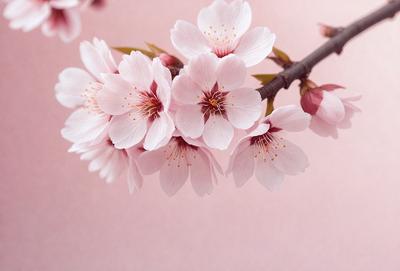 The primary subject of the image is a branch with pink flowers on it. The setting is a pink background, which adds a warm and inviting atmosphere to the scene. The visual style is a close-up of the flowers, showcasing their beauty and details. The colors and mood of the image are predominantly pink, creating a sense of freshness and natural beauty.