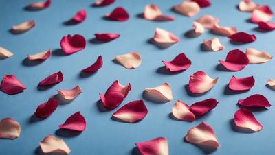 The primary subject of the image is a close-up of a pink rose petal. The setting is a blue surface, which serves as the background. The visual style is a photo of a single rose petal. The dominant colors are pink and blue, creating a calm and serene atmosphere.
