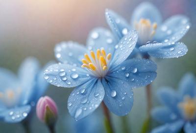 The primary subject of the image is a blue flower with yellow pollen, which is the main object, scene, or focus of the image. The setting is a garden, and the visual style is a photo. The dominant colors are blue and yellow, creating a serene and calming atmosphere.