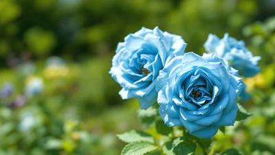 The primary subject of the image is a group of three blue flowers, each with a different shape and size. They are set against a backdrop of green leaves, creating a vibrant and lively scene. The visual style of the image is a close-up of the flowers, showcasing their details and beauty. The dominant colors in the image are blue and green, giving the scene a fresh and natural atmosphere.