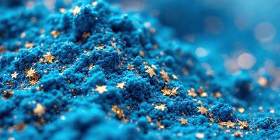 The primary subject of the image is a blue substance, possibly a powder or a liquid, with gold stars scattered throughout it. The setting appears to be a blue background, which contrasts with the blue substance and gold stars. The visual style of the image is a mix of photo and digital art, as it captures the blue substance with gold stars in a visually appealing manner. The colors and mood of the image are predominantly blue and gold, creating a sense of elegance and sophistication.