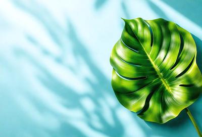 The primary subject of the image is a large green leaf, which is prominently displayed in the foreground. The leaf is placed on a blue surface, which serves as the background. The visual style of the image is a close-up of the leaf, showcasing its intricate details. The colors in the image are predominantly green, which gives the scene a natural and serene atmosphere.