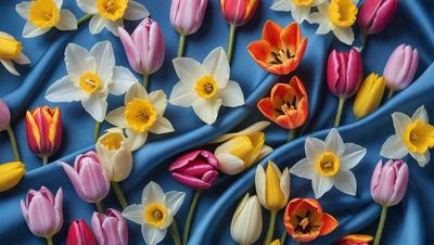 The primary subject of the image is a large bouquet of various flowers, including tulips and daffodils, arranged on a blue cloth. The setting is a close-up of the flowers, showcasing their vibrant colors and intricate details. The visual style is a combination of realistic and artistic elements, creating a captivating and visually appealing scene. The colors and mood of the image are predominantly warm and cheerful, with the blue cloth adding a touch of elegance and s