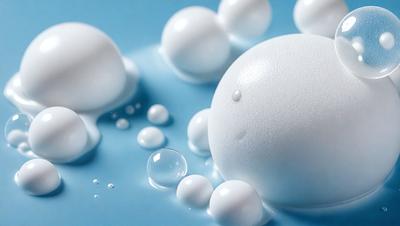 The primary subject of the image is a white, round, and bubbly object, which appears to be a soap bubble. The setting is a blue surface, possibly a table or a countertop. The visual style of the image is a close-up, focusing on the soap bubble and its surrounding bubbles. The colors in the image are predominantly white and blue, creating a clean and soothing atmosphere.