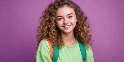 The primary subject of the image is a young woman with long, curly hair, wearing a green shirt and a backpack. She is smiling and posing for the camera. The setting is a purple background, which adds a vibrant and lively atmosphere to the scene. The visual style is a close-up of the woman, emphasizing her features and the details of her outfit. The colors and mood of the image are bright and cheerful, with the woman's smile and the green shirt