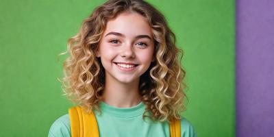The primary subject of the image is a young woman with long, curly hair. She is smiling and wearing a green shirt. The setting is a green background, which adds a vibrant and lively atmosphere to the scene. The visual style appears to be a photo, capturing the woman's genuine smile and the vivid colors of her outfit.