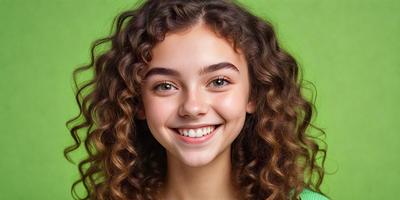 The primary subject of the image is a young woman with curly hair, who is smiling and posing for the camera. She has a green background, which adds a vibrant touch to the scene. The visual style of the image is a close-up of the woman's face, showcasing her smile and the details of her facial features. The colors in the image are predominantly green, which creates a calm and soothing atmosphere.