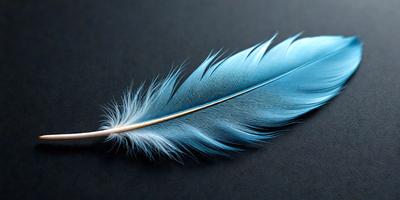 The primary subject of the image is a blue feather, which is the main object, scene, or focus of the image. The setting is a black background, which provides a contrasting and dramatic backdrop for the feather. The visual style of the image is a close-up of the feather, showcasing its intricate details and textures. The colors and mood of the image are predominantly blue, giving it a calm and serene atmosphere.