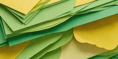 The primary subject of the image is a large pile of green and yellow paper. The setting is a wall, and the visual style appears to be a combination of a photo and digital art. The colors and mood of the image are vibrant and lively, with the green and yellow paper creating a sense of freshness and energy.