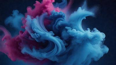 The primary subject of the image is a blue and pink smoke-like substance, which appears to be a digital art or illustration. The setting is a dark background, and the visual style gives the impression of a painting or a digital artwork. The dominant colors in the image are blue and pink, creating a vibrant and lively atmosphere.