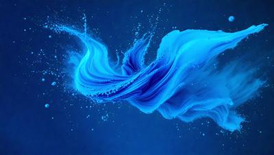 The primary subject of the image is a blue, swirling, and flowing water effect. The setting is a dark blue background, which creates a contrasting and dramatic effect. The visual style is a digital art or illustration, as it appears to be a painting or drawing of water. The colors and mood are predominantly blue, creating a serene and calming atmosphere.