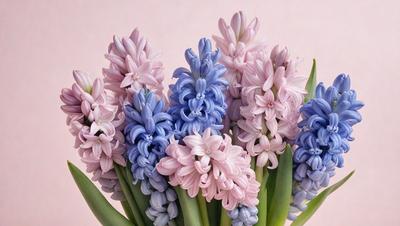 The primary subject of the image is a bouquet of flowers, predominantly purple and blue, arranged in a vase. The flowers are of various types, creating a visually appealing and colorful display. The setting is a pink background, which adds a touch of warmth and contrast to the overall scene. The visual style of the image is a close-up of the bouquet, allowing the viewer to appreciate the details and beauty of the flowers. The colors and mood of the image are predominantly calm