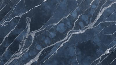 The primary subject of the image is a marble countertop with a blue and white pattern. The setting is a kitchen, and the visual style is a close-up of the countertop. The colors and mood of the image are predominantly blue and white, creating a clean and elegant atmosphere.