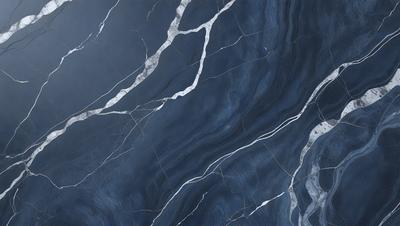 The primary subject of the image is a blue marble wall with a pattern of white lines. The setting is a room with a blue marble floor. The visual style is a close-up of the marble wall, showcasing its unique texture and design. The colors and mood of the image are predominantly blue, creating a calm and serene atmosphere.
