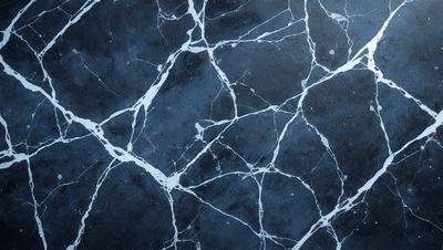 The primary subject of the image is a blue and white patterned surface, which appears to be a wall or a piece of artwork. The setting is a dark room, and the visual style is a close-up of the patterned surface. The colors and mood of the image are predominantly dark and moody, with the blue and white pattern providing a contrasting and visually appealing element.