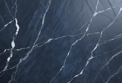 The primary subject of the image is a close-up of a marble wall with a blue tint. The setting is a room with a blue-gray color scheme. The visual style is a photo of the marble wall, showcasing its texture and pattern. The colors and mood of the image are predominantly blue and gray, creating a calm and sophisticated atmosphere.
