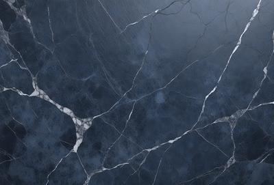 The primary subject of the image is a blue marble wall with a pattern of white and grey veins. The setting is a room with a blue background, and the visual style is a close-up of the marble wall. The colors and mood of the image are predominantly blue and grey, creating a calm and serene atmosphere.