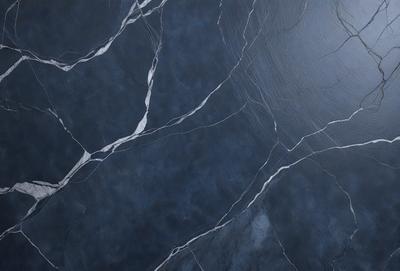 The primary subject of the image is a blue marble wall with a pattern of white lines. The setting is a room with a blue marble floor. The visual style is a close-up of the marble wall, showcasing its unique texture and design. The colors and mood of the image are predominantly blue, creating a calm and serene atmosphere.