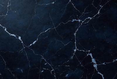 The primary subject of the image is a close-up of a marble wall with a blue background. The setting is a dark room, and the visual style is a photo. The dominant colors are blue and black, creating a moody atmosphere.