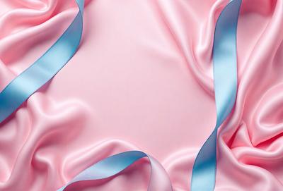 The primary subject of the image is a piece of pink fabric with a blue ribbon wrapped around it. The setting is a close-up of the fabric, showcasing its texture and color. The visual style is a realistic representation of the fabric, with no indication of digital art or illustration. The dominant colors are pink and blue, creating a warm and inviting atmosphere.