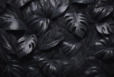 The primary subject of the image is a large group of black leaves, which are arranged in a dense pattern. The leaves are the main focus of the image, and they are set against a dark background. The visual style of the image is a close-up of the leaves, creating a sense of depth and detail. The overall atmosphere of the image is moody and dramatic, with the black leaves creating a striking contrast against the dark background.