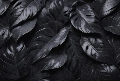 The primary subject of the image is a large group of black leaves, which are arranged in a dense and intricate pattern. The leaves are the main focus of the image, and they are set against a dark background. The visual style of the image is a black and white photo, which adds a dramatic and artistic touch to the composition. The overall atmosphere of the image is moody and dramatic, with the black leaves creating a striking contrast against the dark background.