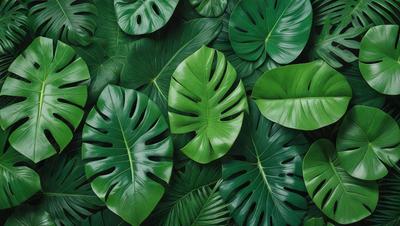 The image features a large green leaf, possibly a palm leaf, surrounded by other green leaves. The leaf is the primary subject, and it is set against a backdrop of more green leaves. The visual style appears to be a close-up of the leaf, with a focus on its texture and details. The colors and mood of the image are predominantly green, creating a serene and natural atmosphere.