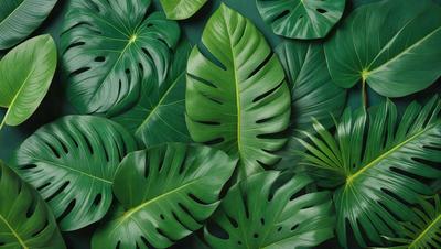The image features a large green leaf with a hole in the center, surrounded by other green leaves. The leaf is placed on a green background, creating a vibrant and lush atmosphere. The visual style of the image is a close-up of the leaf, showcasing its intricate details. The dominant colors in the image are green, which creates a sense of freshness and natural beauty.