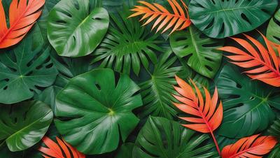 The image features a large green leaf with a red tip, surrounded by other green leaves. The leaf is the primary subject, and it is set against a backdrop of more green leaves. The visual style appears to be a photo, and the colors and mood are dominated by the green and red hues, creating a vibrant and lively atmosphere.