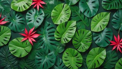The image features a large green leafy plant with a red flower in the center. The plant is surrounded by several other green leaves, creating a lush and vibrant scene. The primary subject is the leafy plant with the red flower, and the setting is a green background. The visual style is a close-up of the plant, and the colors and mood are predominantly green and vibrant, with the red flower adding a pop of color.