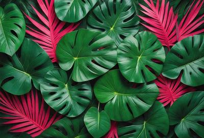 The primary subject of the image is a large group of green leaves, which are the main objects in the scene. The leaves are arranged in a visually appealing manner, creating a sense of depth and texture. The setting is a vibrant, colorful environment, with the leaves being the main focus of the image. The visual style is a combination of natural elements and artistic arrangement, giving the image a unique and eye-catching appearance. The colors and mood of the image are predominantly green and lively, with
