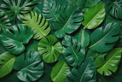The image features a large group of green leaves, possibly from a palm tree, arranged in a visually appealing manner. The leaves are spread across the frame, creating a sense of depth and dimension. The primary subject of the image is the green leaves, which are the main focus and the setting is an outdoor environment. The visual style of the image is a close-up of the leaves, showcasing their intricate details and textures. The colors and mood of the image are predominantly green, which gives it